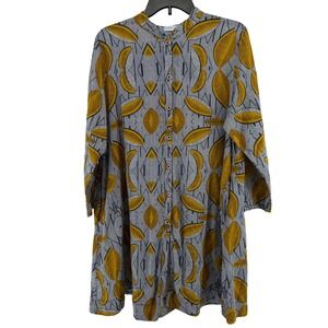 Amato Rizzi Womens Abstract Leaf Print Button Front Tunic Shirt Dress Mustard XL